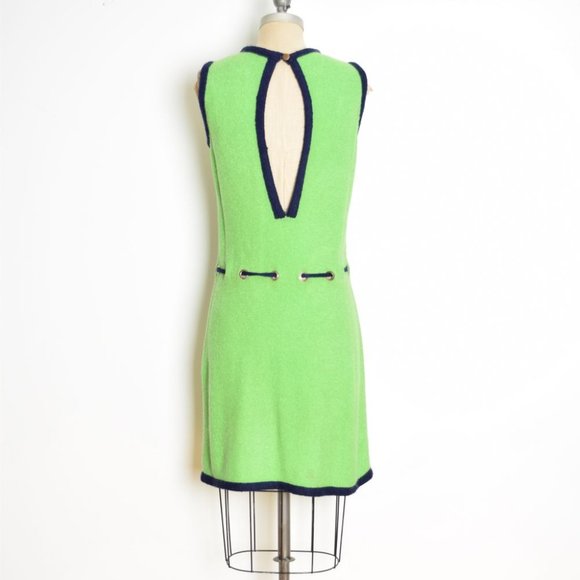 vintage 60s dress green navy mod boucle knit cutout twiggy sleeveless midi M - Picture 6 of 9